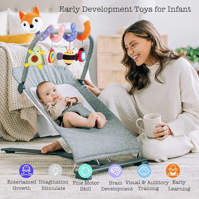 Car Seat Toys, Baby Plush Spiral Hanging Toys for Stroller Crib Bar Bassinet Car Seat Mobile with Music Box BB Squeaker Rattles- Orange Fox-CubbioJoy