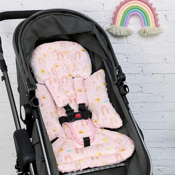 Infant Car Seat Insert and Strap Covers, Very Soft Car Seat Head Support Baby Girl Boy, Reversible Newborn Carseat Insert Cushion Fits for Stroller, Baby Swing, Bouncer (Pink Rainbow)-CubbioJoy