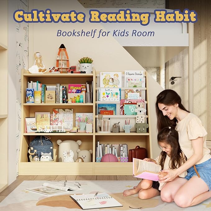 39" Large Kids Wooden Bookshelf and Toy Storage Organizer, Baby Bookcase with Sling Book Rack, Children Toddler Wooden Book Shelf for kids rooms, Playroom, Classroom, Nursery, School (Natural)-CubbioJoy