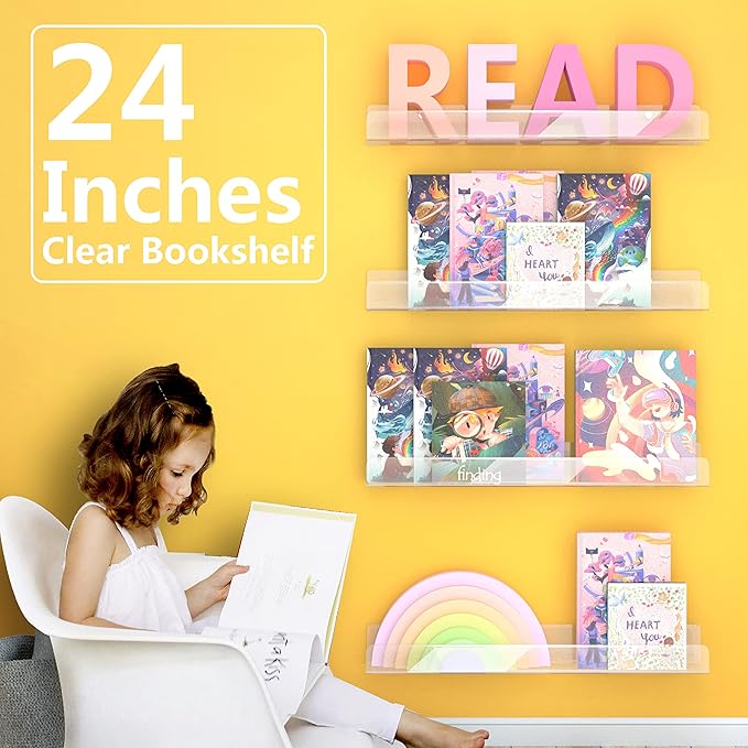 24 inches Wall Mounted Kids Bookshelf, Clear Acrylic Display Book Shelves for Kids Room Nursery Toddler Classroom 2 Packs-CubbioJoy