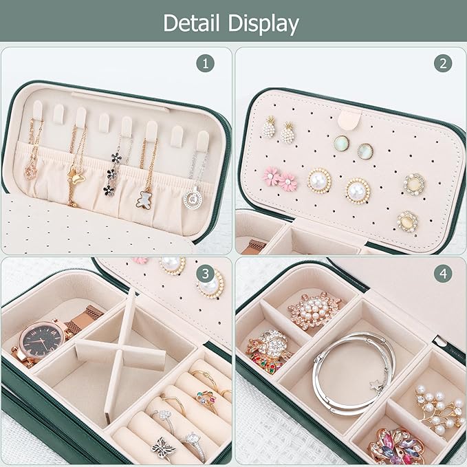 DesignSter Small Travel Jewelry Box with Double Zipper, 2 Layers PU Portable Jewelry Case for Women and Girls,Travel Jewelry Organizer for Rings, Earrings, Necklaces, Bracelets,Dark green-CubbioJoy