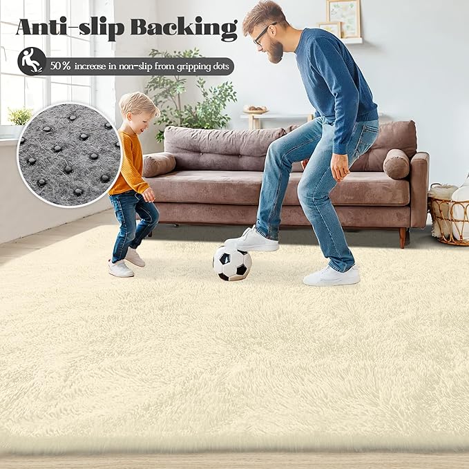 5x7 Area Rug for Living Room: Fluffy Shag Soft Washable Rugs Fuzzy Plush Indoor Carpet for Bedroom Nursery Playroom Dorm Kids Girls Boys Room (Cream White, 5'x7')-CubbioJoy