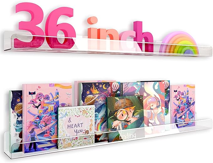 36 Inch 50% Thicker Clear Acrylic Book Shelves, Invisible Kids Wall Bookshelves for Baby Storage Book Rack, Toy Organizer, Book Display, Playroom, Bedroom, Toddler Room, Nursery 2 Packs-CubbioJoy
