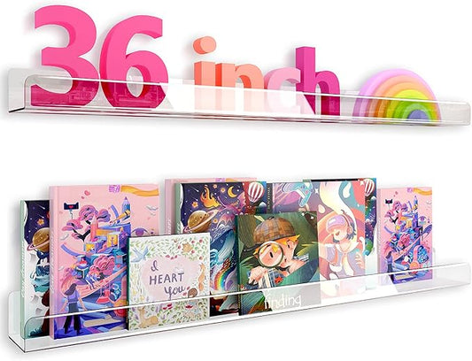 36 Inch 50% Thicker Clear Acrylic Book Shelves, Invisible Kids Wall Bookshelves for Baby Storage Book Rack, Toy Organizer, Book Display, Playroom, Bedroom, Toddler Room, Nursery 2 Packs-CubbioJoy