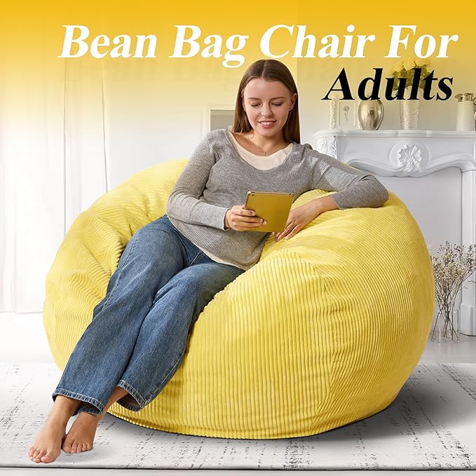 3.5FT Bean Bag Chairs Teardrop Bean Bag Chair for Adults Beanbag Chair with Memory Foam Filled Machine Washable Cover for Living Room, Bedroom (Large,Yellow)-CubbioJoy