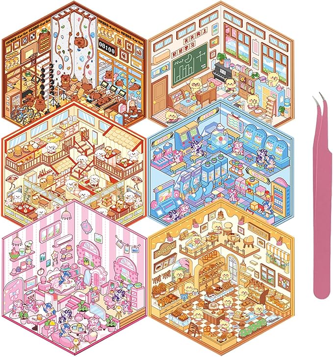 DIY 3D Sticker for Kids, 6 Sets of Cute Stickers for Girls Adult Isometric Sticker Scene Kids Reuseable and Waterproof Stickers-CubbioJoy