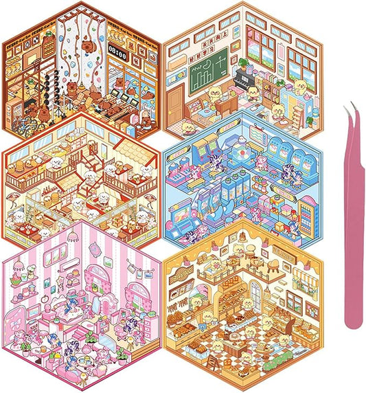 DIY 3D Sticker for Kids, 6 Sets of Cute Stickers for Girls Adult Isometric Sticker Scene Kids Reuseable and Waterproof Stickers-CubbioJoy