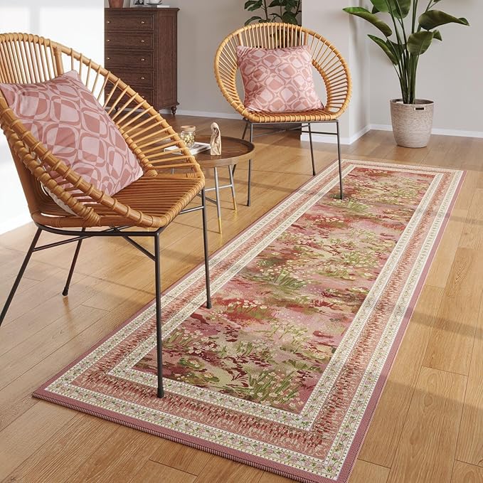 2x6 Runner Rug Impressionist-Style Vintage Kitchen Rugs Non Slip Washable Soft Carpet Runner for Kitchen Laundry Bedroom Bathroom, Pink-CubbioJoy