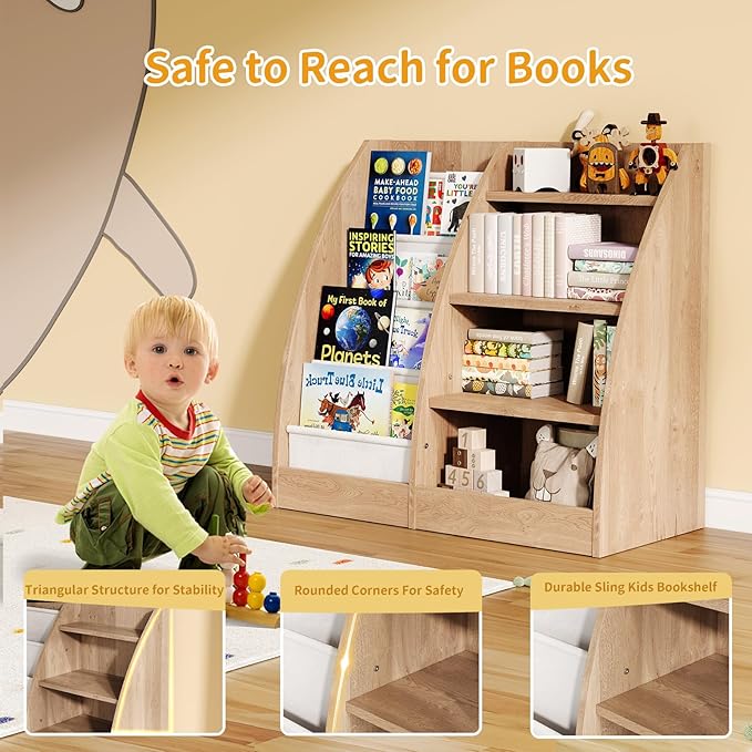 4 Tier Kids Bookshelf,4 Layer Sling Kids Book Shelf for Kids Rooms,Wood Children Bookcase,Baby Storage Book Rack,Toddler Bookshelf, Book and Toy Organizer,Book Display Shelf for Bedroom, Nursery-CubbioJoy