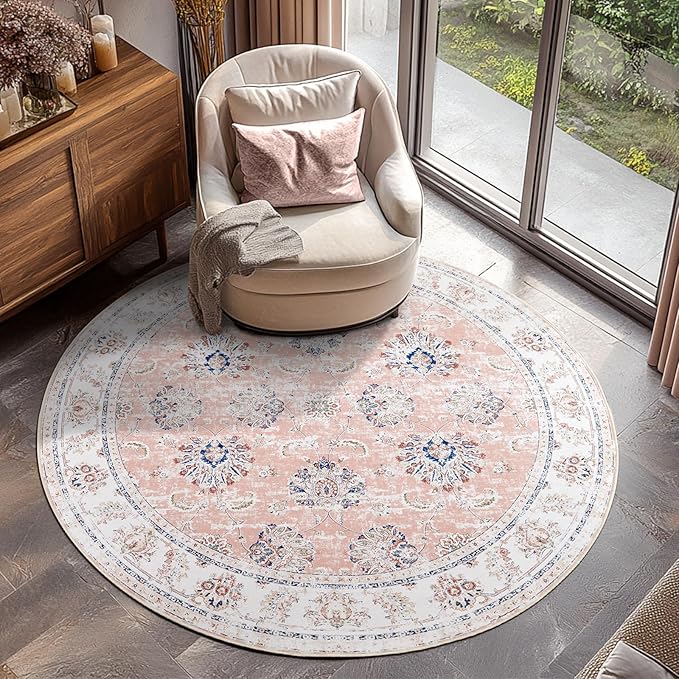 jinchan Round Rug 4ft Area Rugs Vintage Floral Distressed Design - Machine Washable Non-Slip Low-Pile Ultra-Thin Circle Rug for Entryway Bedside Living Room Dining Room Bedroom (4' Round,Pink)-CubbioJoy