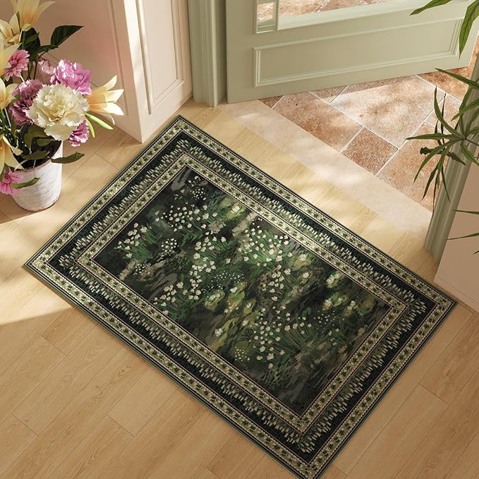 2x3 Rug Impressionist-Style Vintage Indoor Door Mat Machine Washable Small Area Rug Non-Slip Low Pile Throw Rugs for Entryway Kitchen Front Door Indoor Entrance Entry Kids Room, Green-CubbioJoy