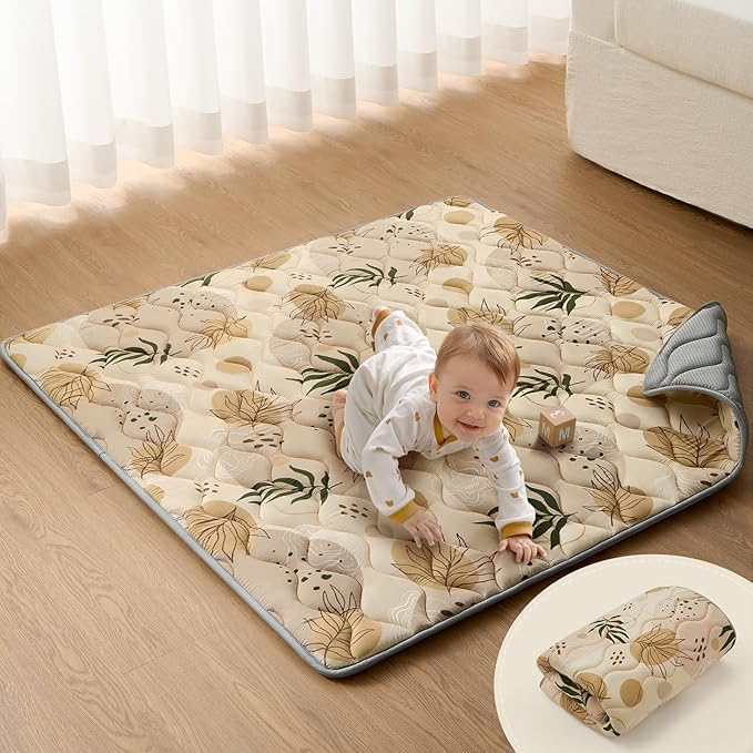 Blissful Diary Portable Baby Play Mats for Floor, Thick Cushioned Foldable Baby Crawling Mat for Indoor Outdoor, Non-Slip & Washable Kids Playmat for Tummy Time Activity, Earth Tones 43" X 43"-CubbioJoy