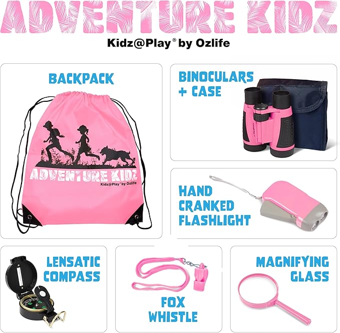 Adventure Kidz - Outdoor Exploration Kit, Children’s Toy Binoculars with Case, Flashlight, Compass, Fox Whistle, Magnifying Glass, Backpack. Great Gift Set for STEM, Pretend Play. Age 3+-CubbioJoy