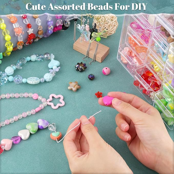 Assorted 180-240PCS Acrylic Beads For Bracelet Making, Flower Bow Butterfly Candy Gummy Bear Kawaii Aesthetic Bracelet Charms,Cute Beads For Jewelry Making DIY Necklace Keychain Phone Charm-CubbioJoy