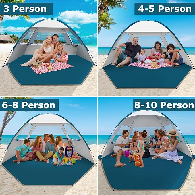 COMMOUDS Beach Tent Sun Shade for 3/4-5/6-7/8-10 Person, UPF 50+ Beach Sun Shelter Canopy Tent, Lightweight, Easy Set Up and Carry-CubbioJoy