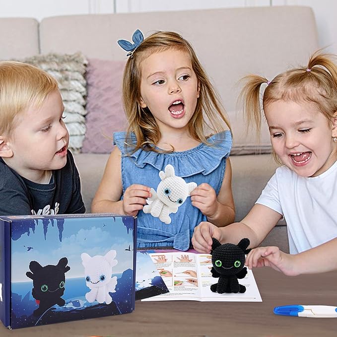 Dragon Crochet Kit for Beginners, 2PCS Black and White Dragon Crochet Animal Kit with Step-by-Step Video Tutorials, Crocheting Kits, Crochet Starter Kit for Kid and Adult, Stuffed Animal Knitting Kits-CubbioJoy