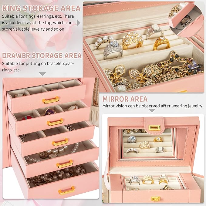AKOZLIN Jewelry Box Organizer Functional Leather Jewelry Storage Case for Women Girls Ring Necklace Earring Bracelet Holder Organizer with Mirror Pink-CubbioJoy