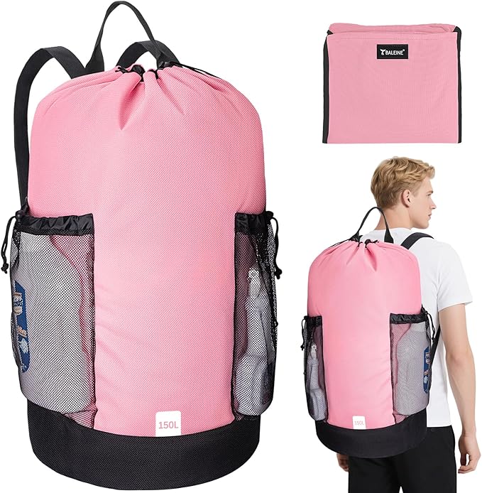 BALEINE 150L Laundry Bag Backpack, 900D Oxford Fabric Large Travel Laundry Bags with Shoulder Straps and 2 Mesh Pockets for College Dorm, Apartment, Laundromat (Pink, 150L)-CubbioJoy