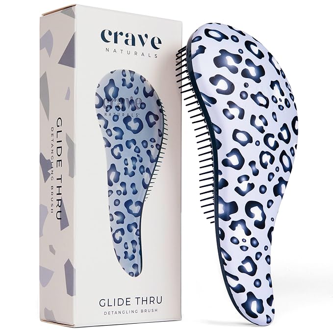 Crave Naturals Glide Thru Detangler Brush - Curly Hair Brush for Women and Kids - Wet and Dry Comb for Adults - Soft Flexible Bristles for Gentle Use - Styling Tool for Curls - Blue Cheetah-CubbioJoy