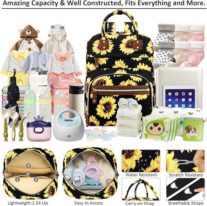 Diaper Backpack Tote Large Capacity, Baby Bag with Insulated Pockets Multifunctional Diaper Bags For Baby Girl Boy Women Waterproof Bags Mama Maternity Bag Sunflower-CubbioJoy