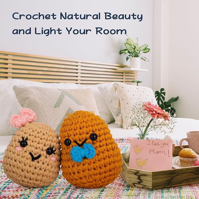 Crochetta Crochet Kit for Beginners, Learn to Crochet Kits for Adults Kids, Jumbo Potato Couple, Includes Yarn, Hooks, Stuffing, Pattern, Video Tutorials-CubbioJoy
