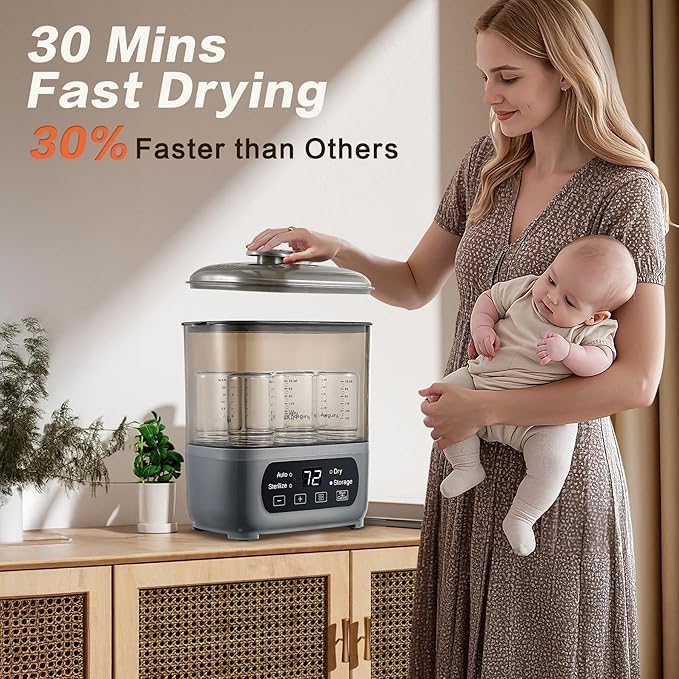 4-in-1 Baby Bottle Steamer and Dryer, Electric Steamer with Fast Drying, Universal Fit for All Bottles, LED Touch Screen & Auto Shut-Off Protection (Grey)-CubbioJoy