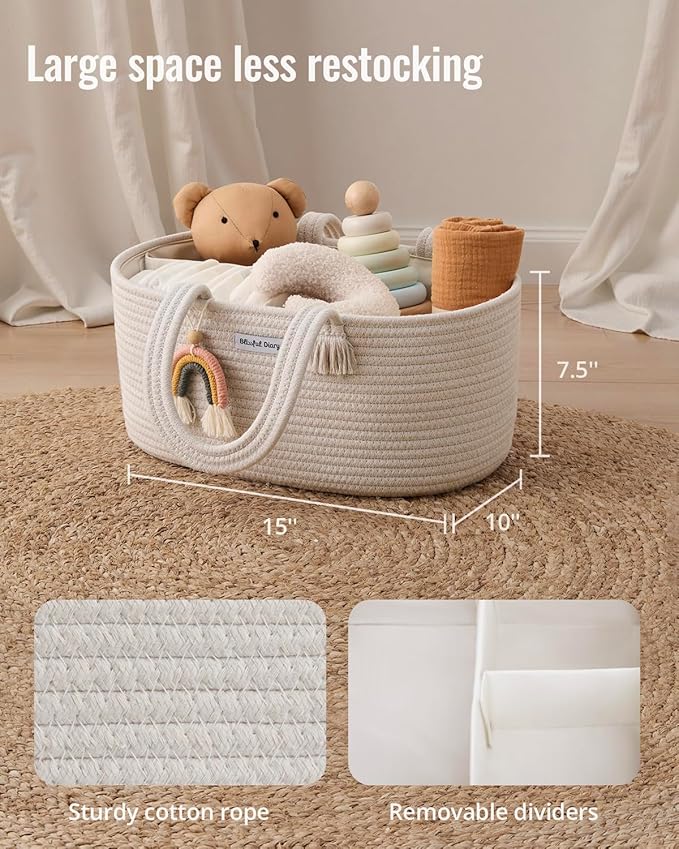 Blissful Diary Baby Diaper Caddy Organizer, Cotton Rope Diaper Caddy Basket, Oval Storage Basket, Gift for Baby Shower, Newborn Essentials, Beige-CubbioJoy