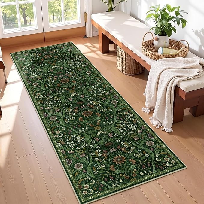 2x6 Washable Runner Rug,Dark Green Floral Boho Area Rug for Hallway,Low-Pile Non-Slip Stain Resistant Carpet for Kitchen, Bedside,Laundry Room,Entryway-CubbioJoy