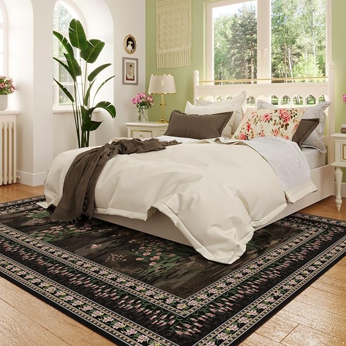 5x7 Area Rugs Impressionist-Style Vintage Washable Area Rug Non Slip Low Pile Large Rugs for Living Room Bedroom Farmhouse Dining Room Kids Playroom, Black-CubbioJoy