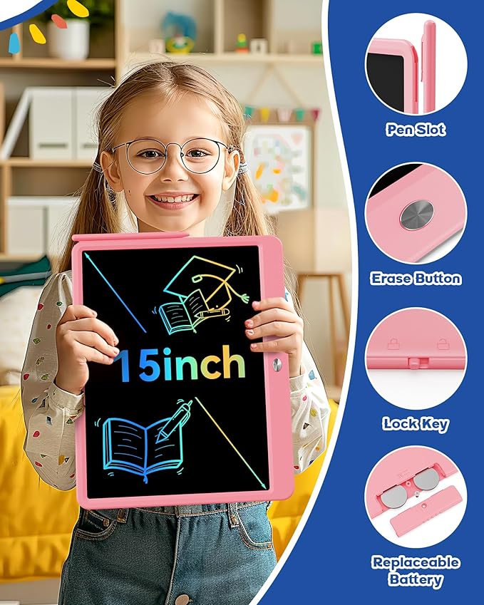 Bravokids 15 Inch LCD Writing Tablet for 3 Year Olds - Electronic Drawing Pad and Doodle Board as Educational Birthday Gifts for Girls and Boys (Pink)-CubbioJoy