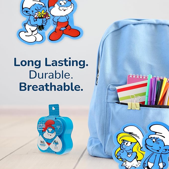 BioSwiss Bandages, The Smurfs Classic Shaped Self Adhesive Bandage, Latex Free Sterile Wound Care, Fun First Aid Kit Supplies for Kids and Adults, 50 Count Plastic Case-CubbioJoy