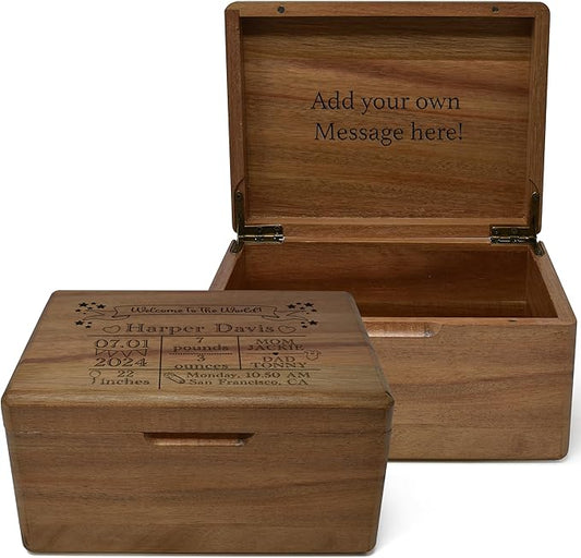 Baby Keepsake Box - Personalized Newborn Memory Box, Acacia Wood Decorative Boxes for Kids, Engraved Birth Stats Wooden Crate for Boys & Girls, Birth Statistics Wooden Chest with Hinged Lid, 8x6x4 in-CubbioJoy