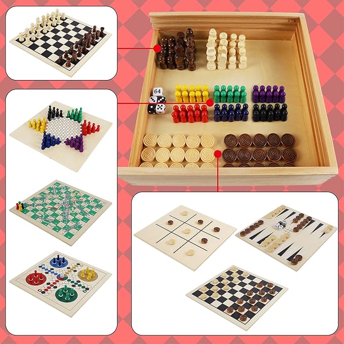 Juegoal 7-in-1 Wooden Board Game Set for Kids Adults, Tabletop Combo Classic Travel Portable Board Games (Chess, Checkers, Chinese Checkers, Backgammon, Parcheesi, Snakes and Ladders, Tic Tac Toe)-CubbioJoy