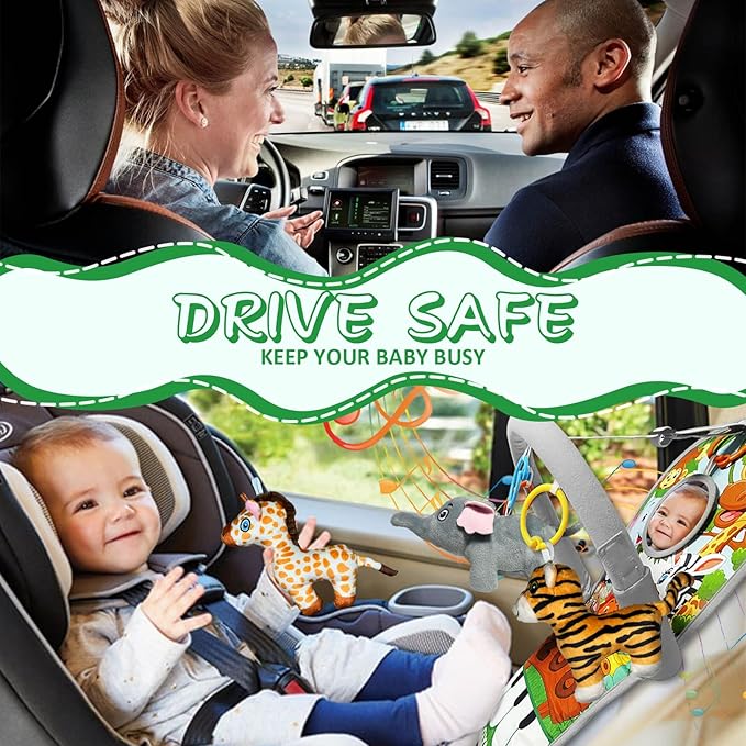 Car Seat Toys for 6-12 Months - Musical Pedal Piano with Baby Mirror, Squeaky Sensory Soft Animal Toys for Rear Facing Carseats-CubbioJoy