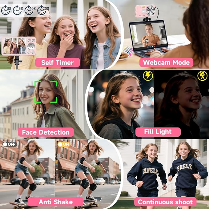 Digital Camera, Autofocus 4K 64MP Point and Shoot Digital Cameras for Teens with 64GB Card, 18X Zoom Anti-Shake Compact Video Camera for Student Kids Boys Girls Beginner - Pink-CubbioJoy