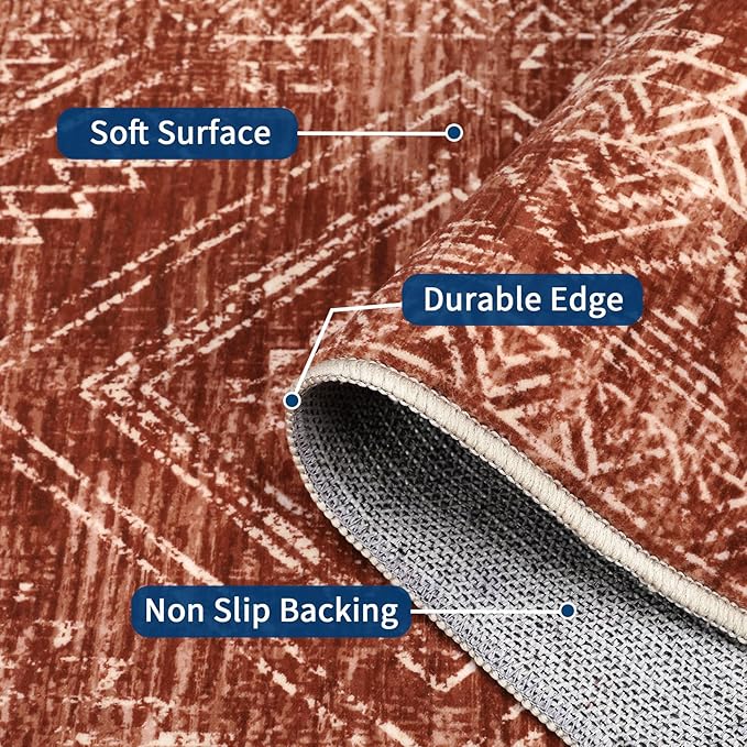 COZYLOOM 10x13 Area Rug Modern Indoor Area Rug Machine-Washable for Living Room or Bedroom Softness Foldable Mat for Easy Storage Geometric Design Non Slip Rug Stain Resistant Carpet, Brick Red-CubbioJoy