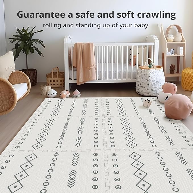 Baby Foam Play Mat, PIGLOG 72x48 Baby Crawling Mat, Floor Mats for Kids for Infants with Interlocking Tiles, Toddler Playmats for Indoor and Outdoor, Easy to Clean Playroom Mats, (Symbol+Bohemia)-CubbioJoy