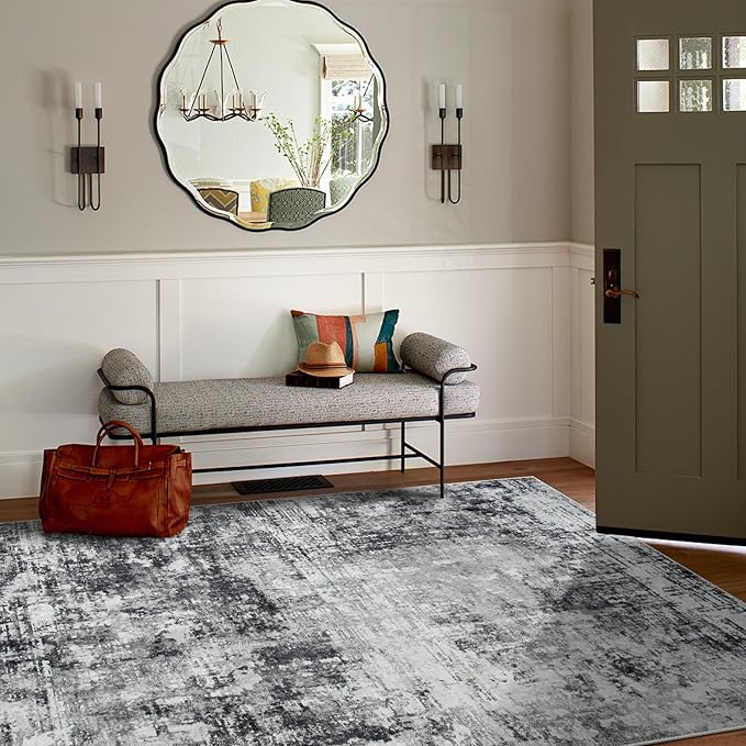 5x7 Area Rugs for Living Room Rug Washable: Modern Rug for Dining Room Bedroom Carpet Non Slip Low Pile 5 by 7 Indoor Abstract Nursery Home Office Black Grey-CubbioJoy