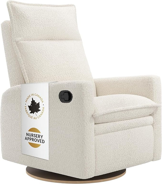 Jaymar Arya Modern Nursery Glider Recliner Chair – Cozy Nursing Chair with 360° Swivel for New Parents, Gentle Motion, Compact Design, High Back & Low Armrests, Canadian Made (Pearl/Puppy Fabric)-CubbioJoy