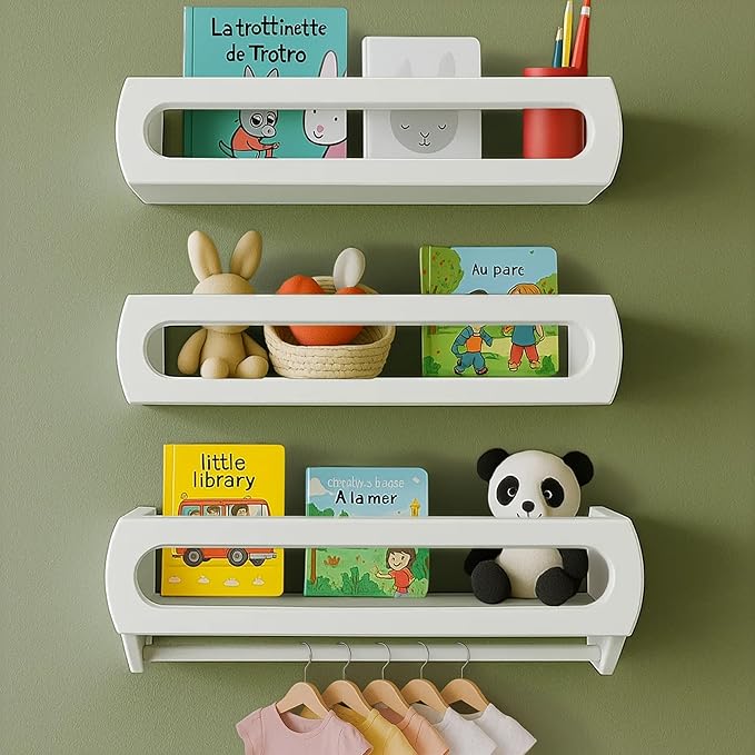 Bamboo Nursery Book Shelves, Fully Assembled For Easy Use - Set of 3 Floating Shelves for Wall Kids, Wall Mounted Book Shelves For Kids Room, Baby Room, Toddler Room, Nursery Decor, 16.5 Inch White-CubbioJoy