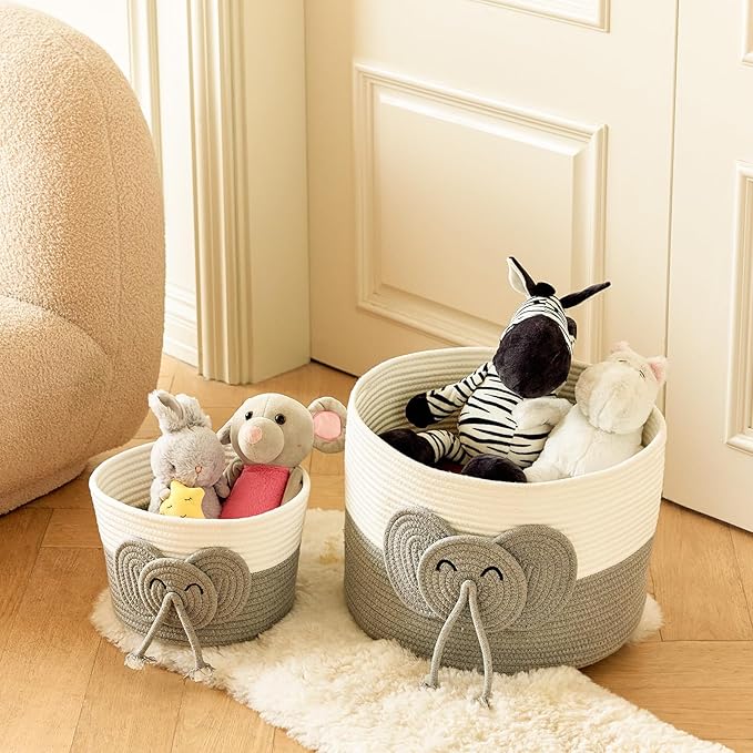 Adorable Small Elephant Cotton Rope Basket - Gift Empty Baskets - Toy Storage Basket, Woven Basket for Baby Essentials, Decorative Woven Basket for Nurseries and Playrooms (11"x7")-CubbioJoy