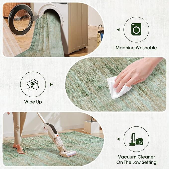 Area Rug 5x7 Living Room Rugs: Abstract Large Washable Rugs with Non-Slip Backing, Thin Carpet for Dining Room Table Bedroom Nursery Indoor Home Office-Green-CubbioJoy
