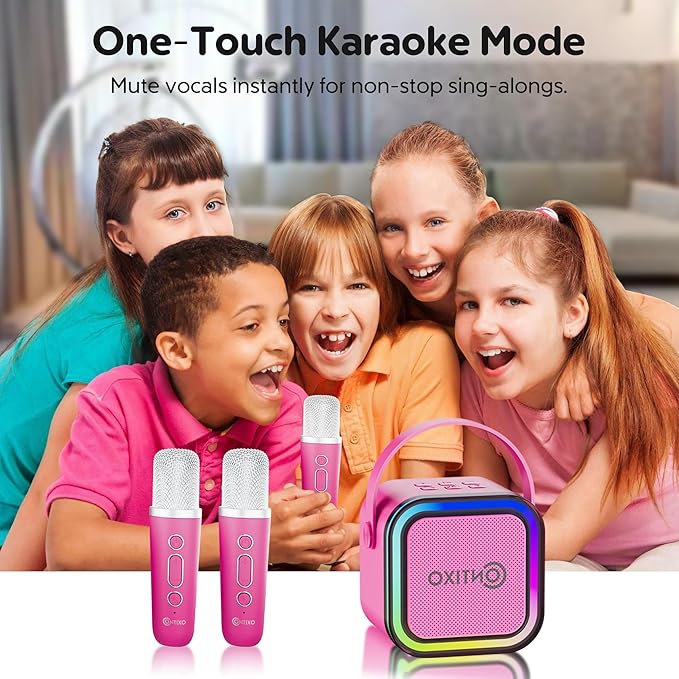 Contixo KS1A Kids Mini Karaoke Machine with LED Lights, 7–10H Playback, Dual Wireless Mics, Magic Voice Effects, Bluetooth Speaker for Children, Portable Singing Toy Gift for Boys & Girls, Pink-CubbioJoy