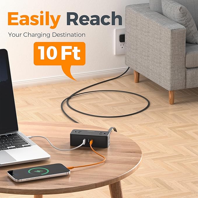 Black Extension Cord 10 Ft, TESSAN Power Strips with Surge Protection 900J with 4 Wide Spaced AC Outlets 3 USB Ports(1 USB C), Extension Cord with Multiple Outlets for Home Office Dorm Room-CubbioJoy