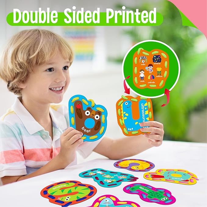 26PCS Alphabet Lacing Cards, Lowercase Letters Sewing Kit with 26 Double-Sided Cards and 26 Colorful Laces Alphabet Learning Toy Motor Skills Art Crafts for Toddlers, Kids, Students-CubbioJoy