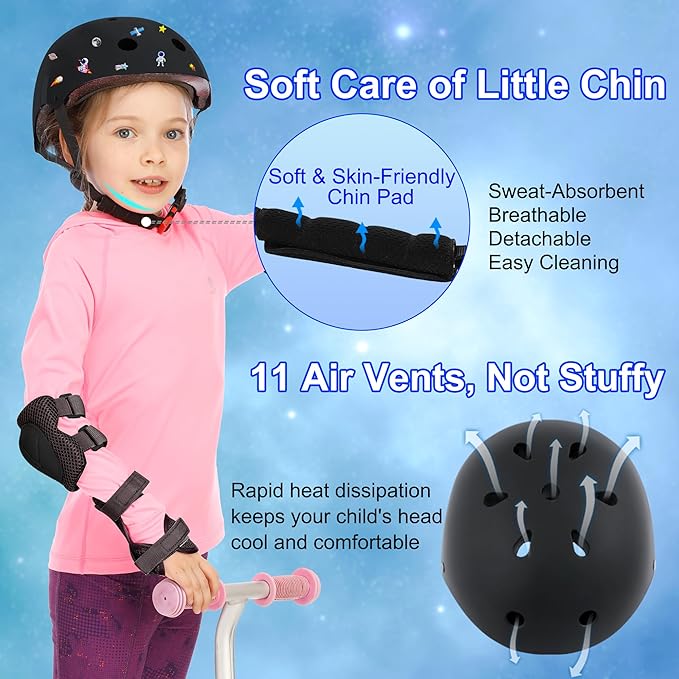 Kids Bike Helmet with DIY Stickers and Knee Pads Elbow Pads Wrist Guard Set for Ages 3-8-14 Toddler Boys Girls Helmet for Roller Skates Cycling Skateboarding Bicycle Scooter-CubbioJoy