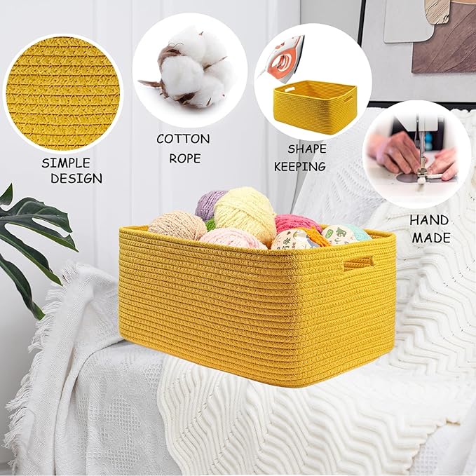 COMFY-HOMI Cotton Rope Woven Basket with Handles for Shelves,Toys,Book, Cloth Storage Baskets for Organizing-17" x 13" x 7.5" Toy Decorative Organizer for Living Room, Bathroom （Yellow）-CubbioJoy