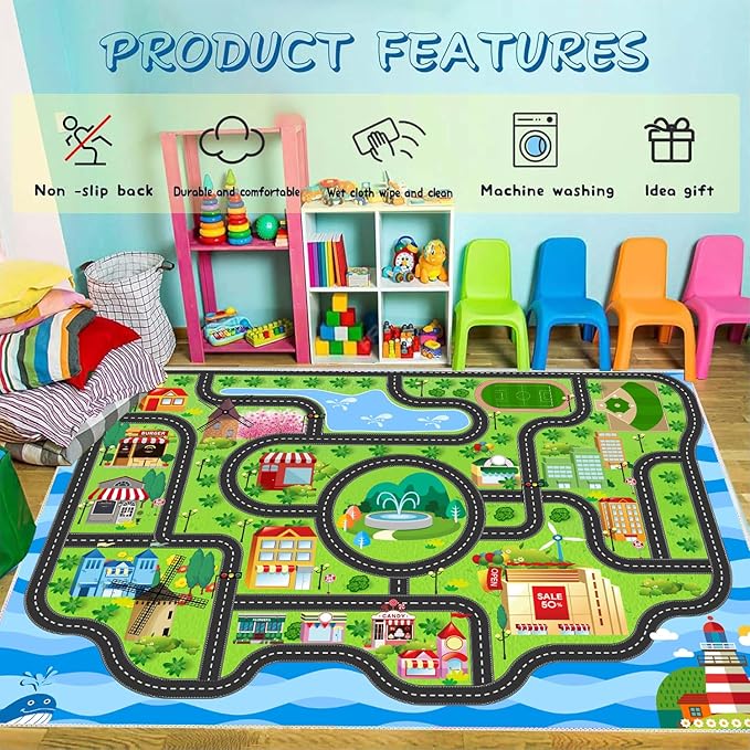 Car Rug,Kids Play Rug with Roads,Playroom Toy Car Rug, Car Track Rug City Map for Bedroom Classroom - (110X78.7 Inches)-CubbioJoy
