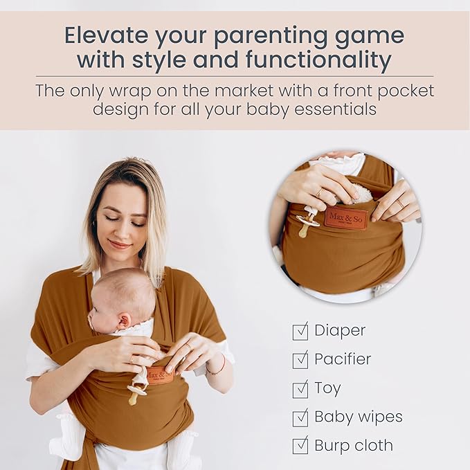 Baby Wrap Carrier - Premium Cotton Baby Carrier Wrap for Newborn to Toddler- Infant Carrier- Baby Holder One Size Fits All with Front Pocket by Max&so-CubbioJoy