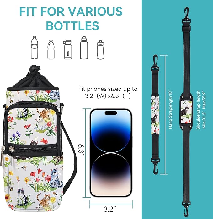 25/32/40/64oz Water Bottle Bag Holder Carrier-Insulated Crossbody Sling Case Sleeve with Strap & Pockets for Men Women Gym Cycling Travel Walking Hiking Camping-CubbioJoy